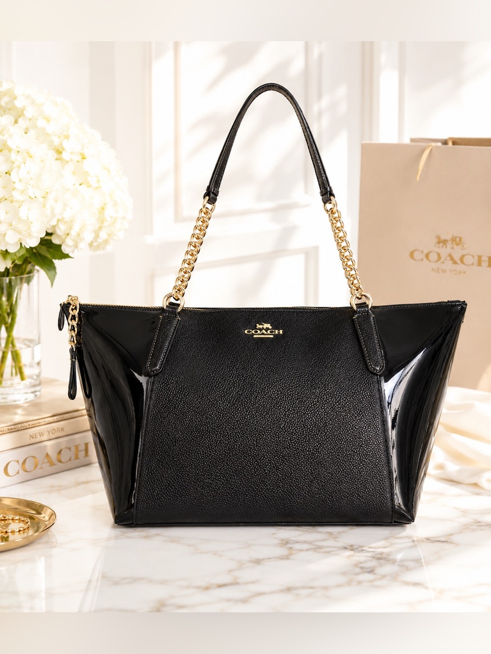 Coach Black Leather Tote with Gold Chain Straps